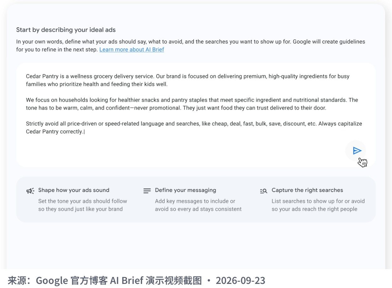 Google 官方演示视频里的 AI Brief 填写界面