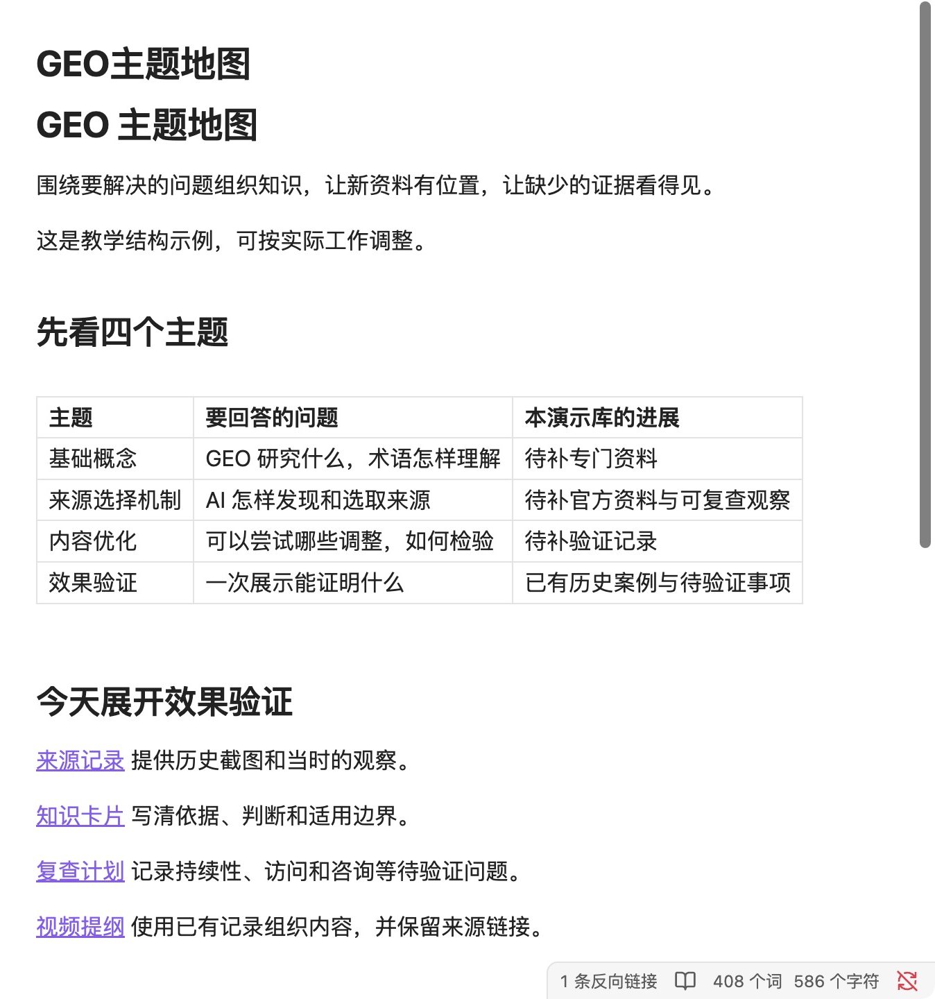 GEO 主题地图笔记，用表格列出四个主题、各自要回答的问题和当前进展