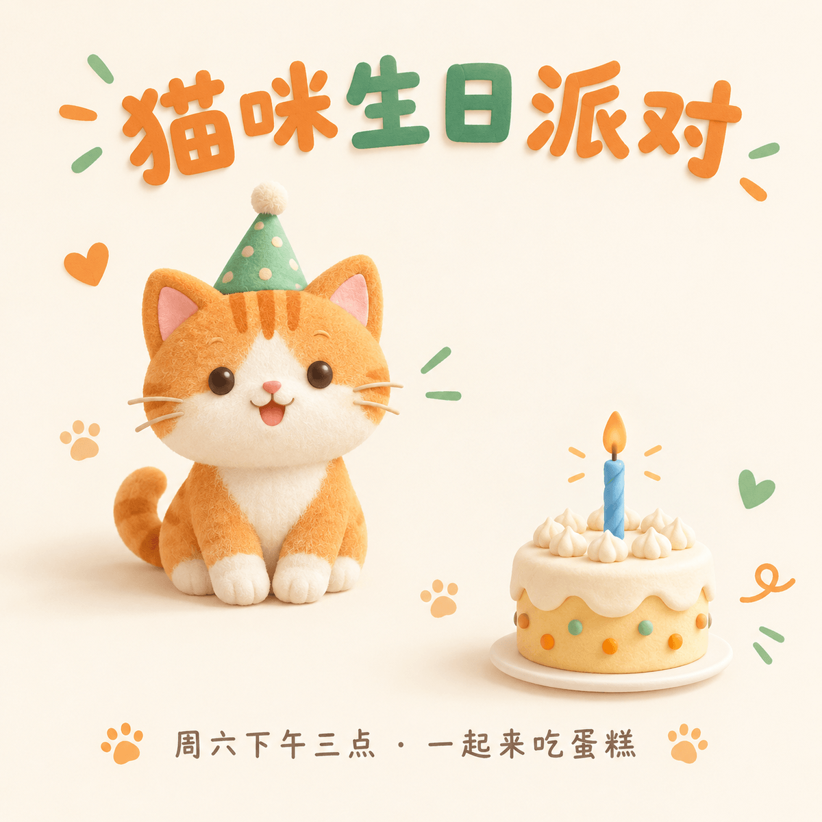 根据草图生成的猫咪生日派对邀请卡，橘白猫在左、蛋糕在右