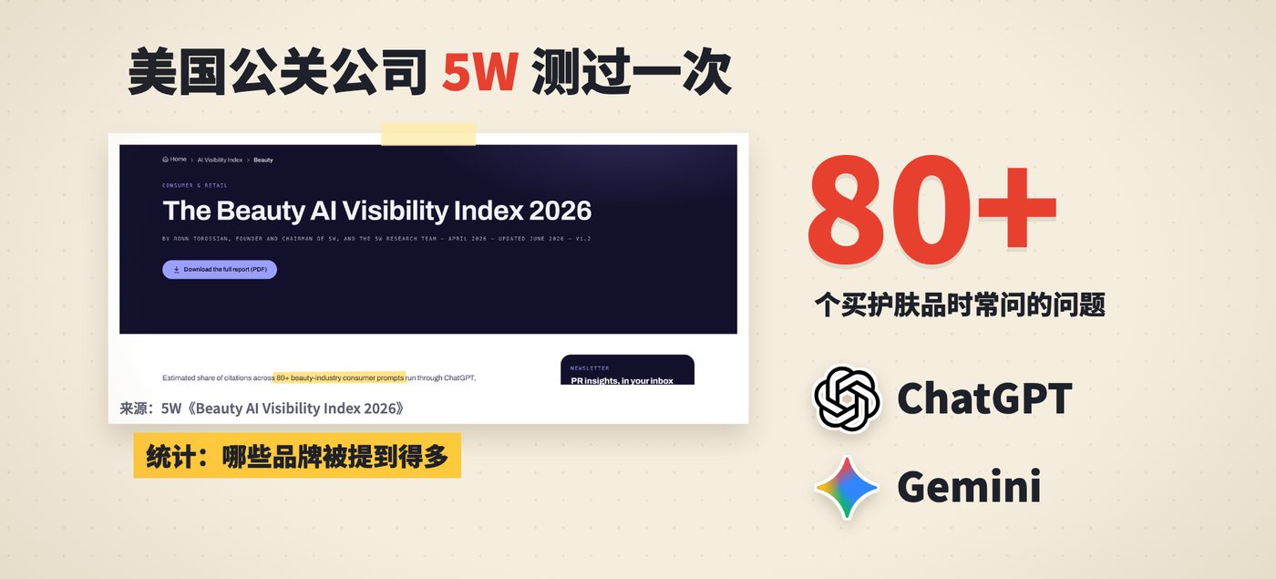 5W 发布的美妆 AI 可见度榜单页面