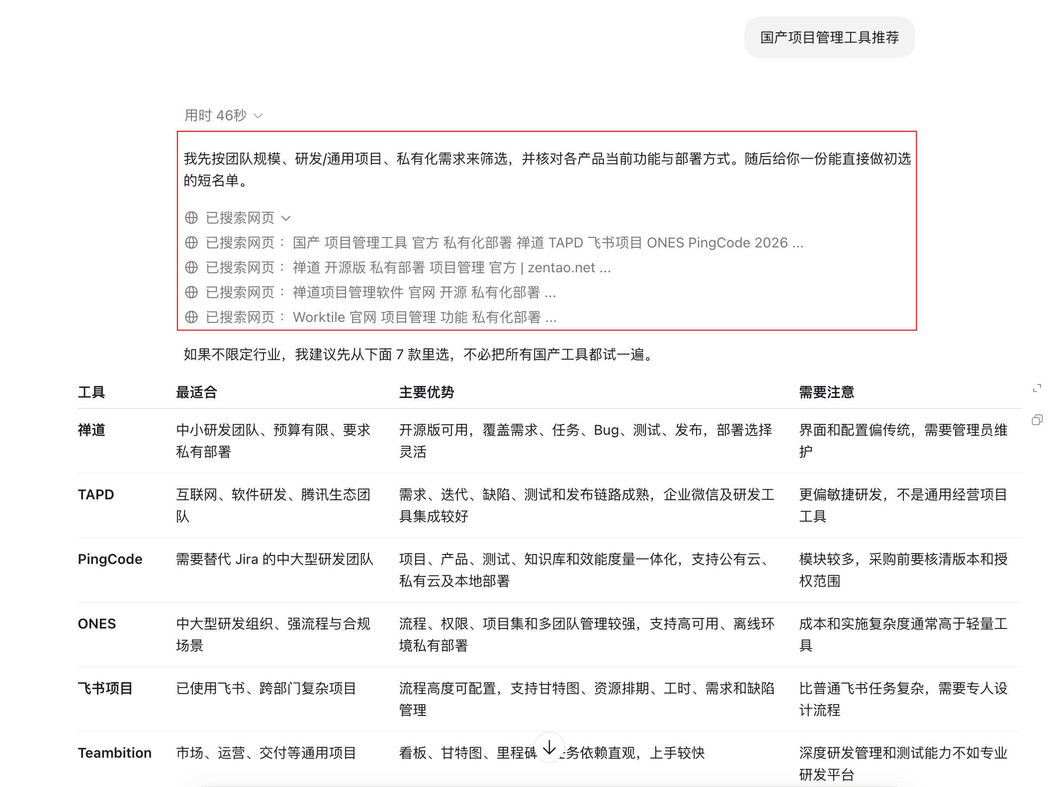 ChatGPT回答上方已处理搜索过程面板点开后显示已搜索网页记录
