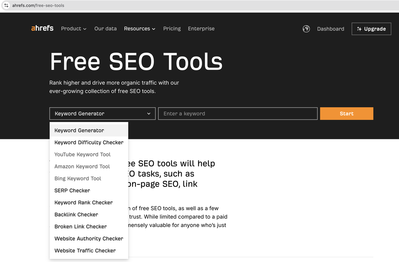 Ahrefs Free SEO Tools 页面,左侧展开关键词生成器、难度检查器、反向链接检查器等免费工具列表