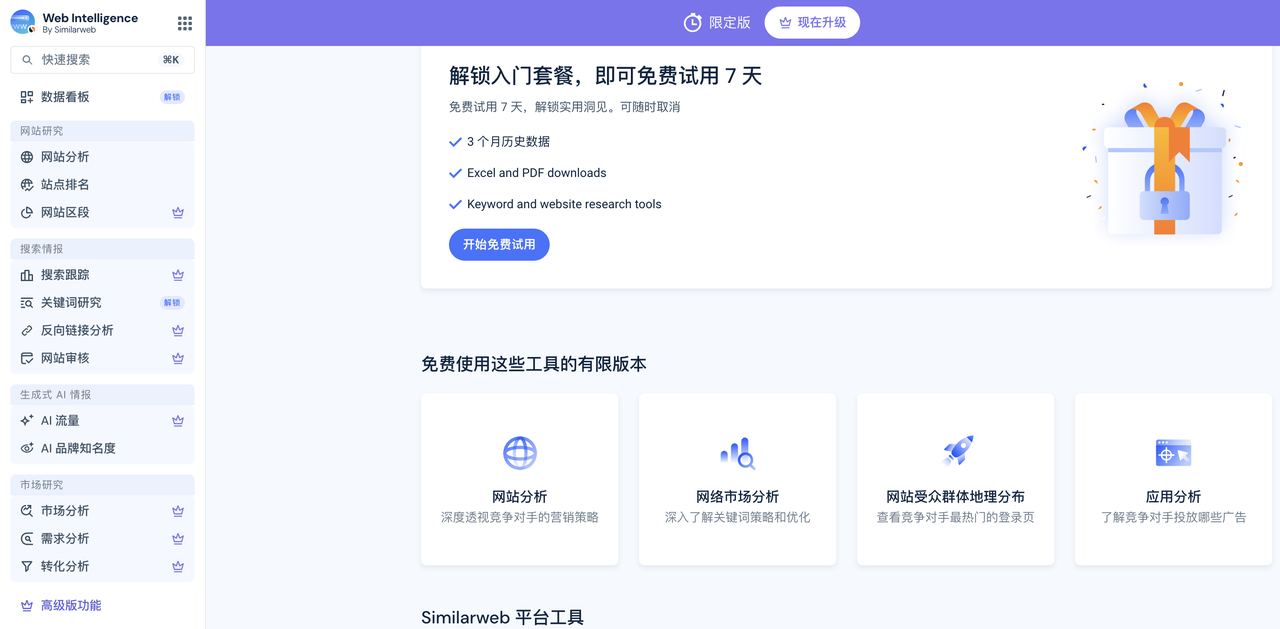SimilarWeb Web Intelligence 免费版首页,展示网站分析、网络市场分析、受众群体地理分布、应用分析四个工具入口